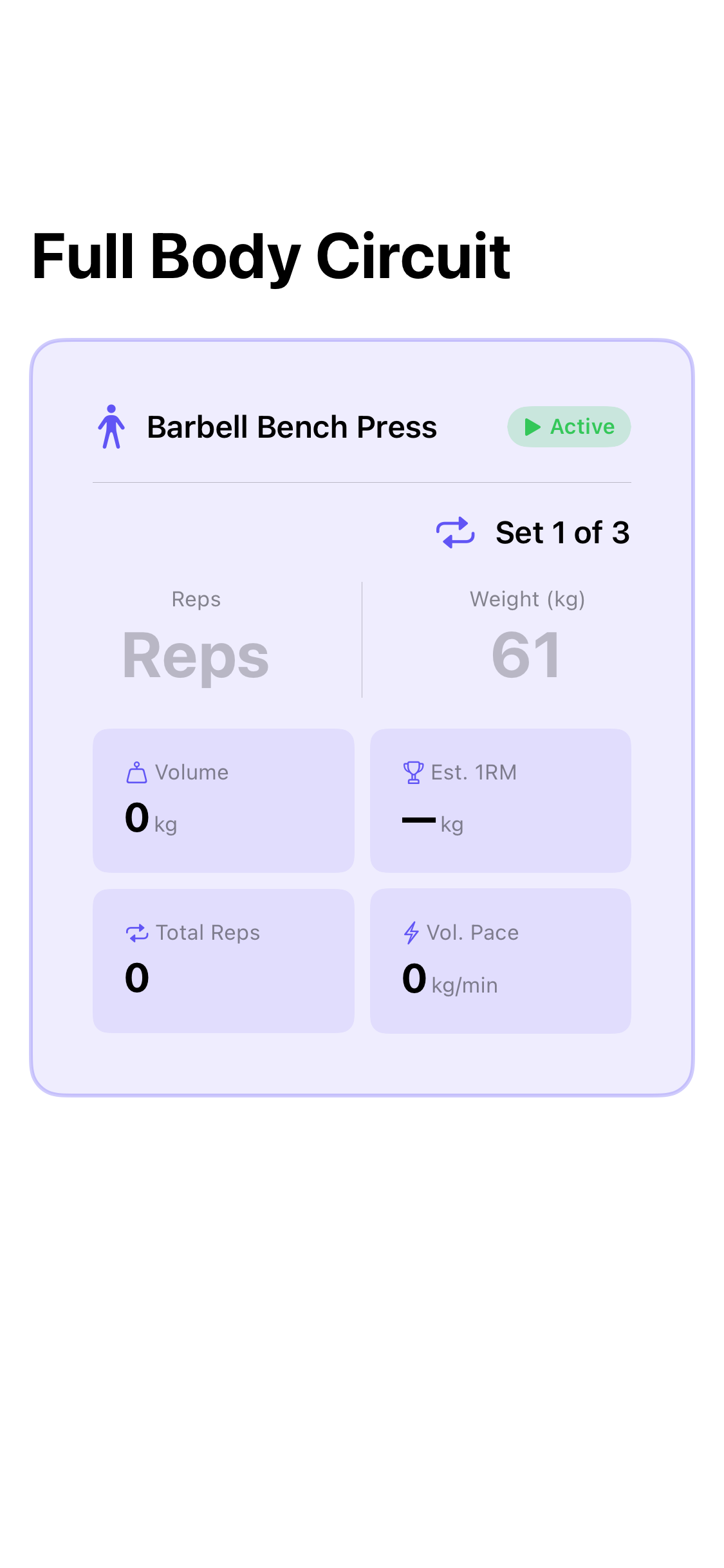 KineticFit active strength workout with exercise progress and live volume metrics